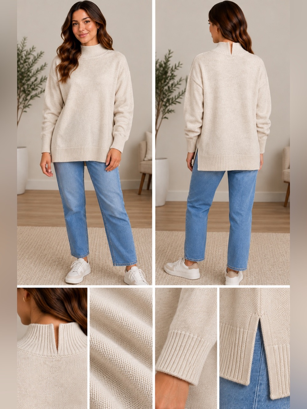 H&M Cream Mock Neck Sweater Wool Blend – Size M – Side Slit Knit